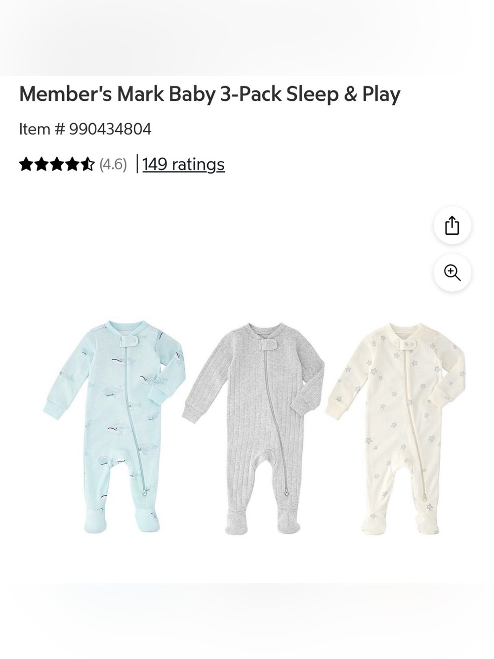 Member's Mark Baby 3-Pack Footed One-Pieces - Light Blue, Gray, Cream